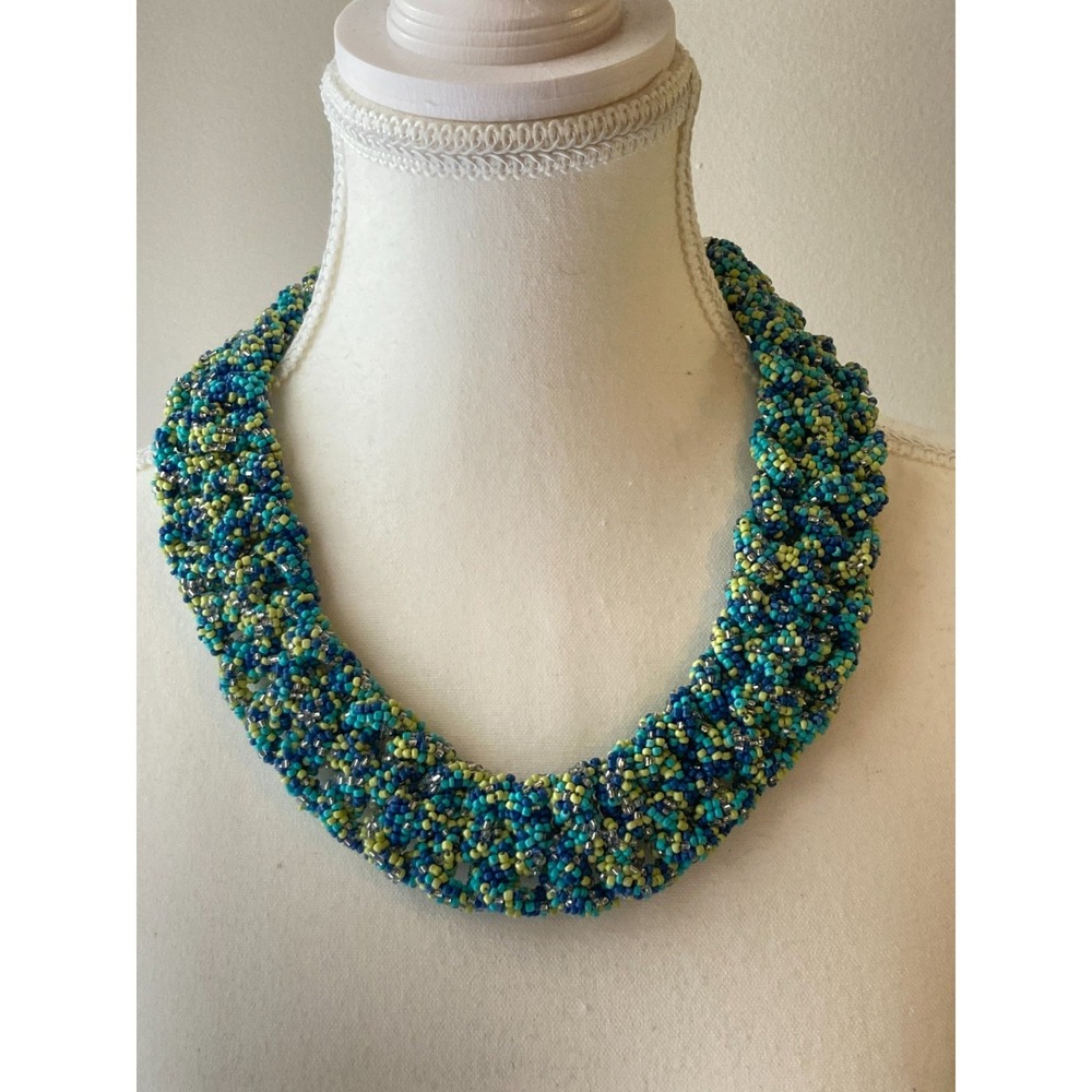 Torsade Seed Bead Collar Necklace Teal Blue Green Multi Strand Statement